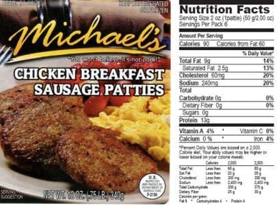 A package of chicken breakfast sausage patties with a nutrition label.