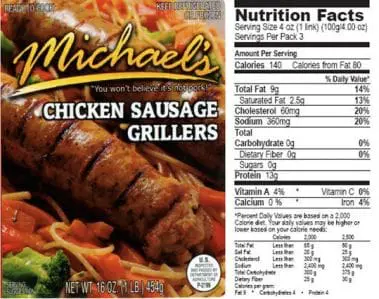 A package of chicken sausage grillers with a nutrition label.