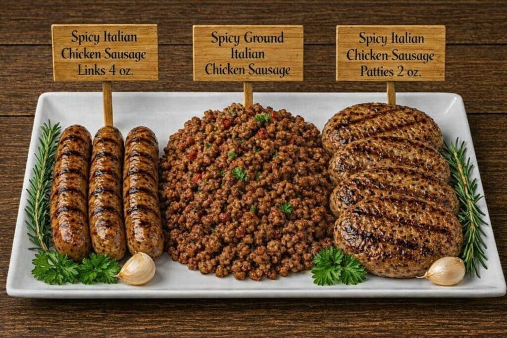 Platter of spicy Italian chicken sausage varieties
