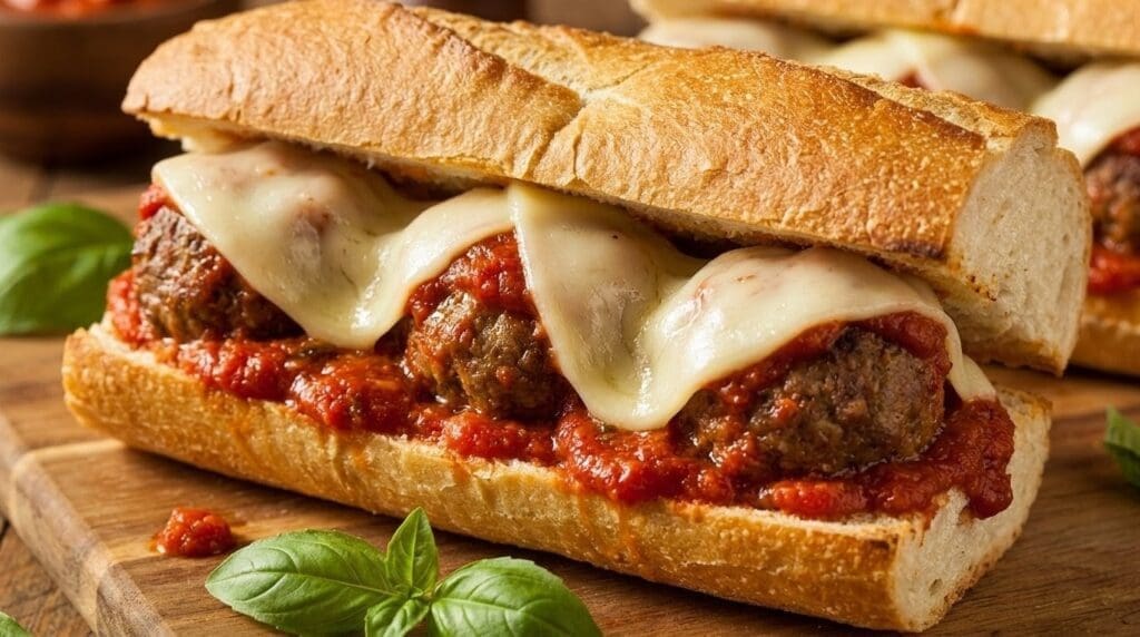 Meatball sub sandwich with melted cheese