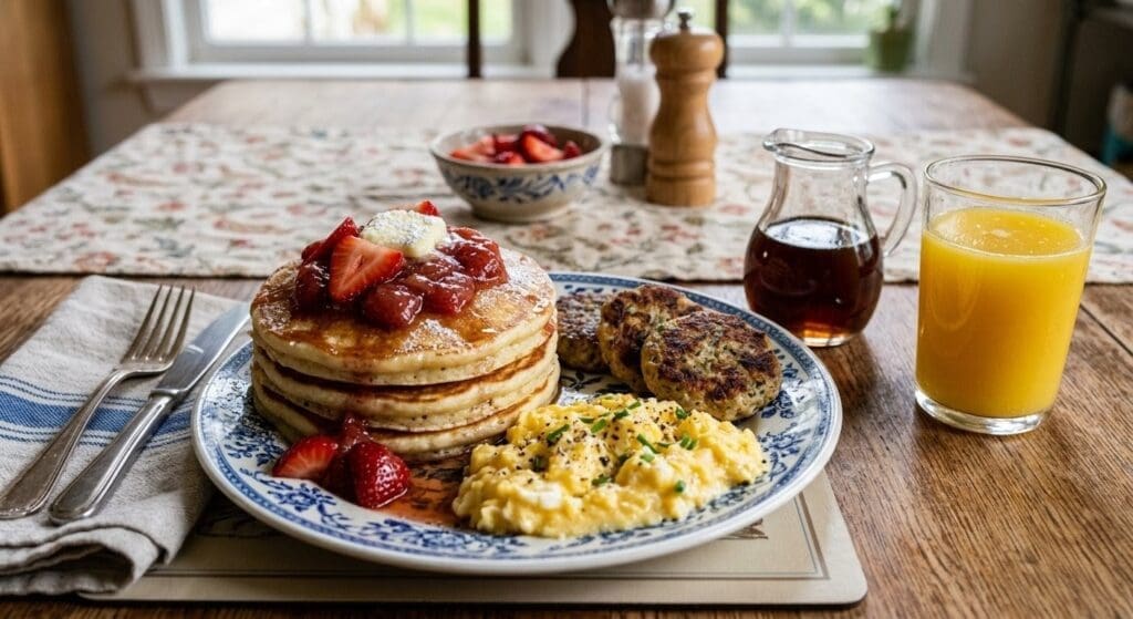 Pancakes with strawberries, eggs, sausage, orange juice