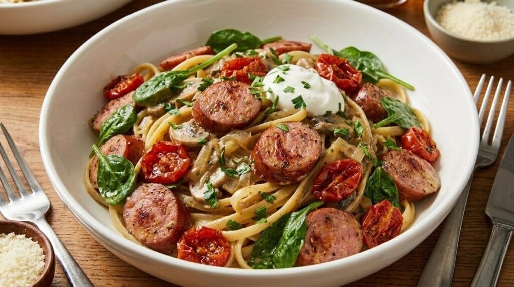 Pasta with sausage, spinach, roasted cherry tomatoes