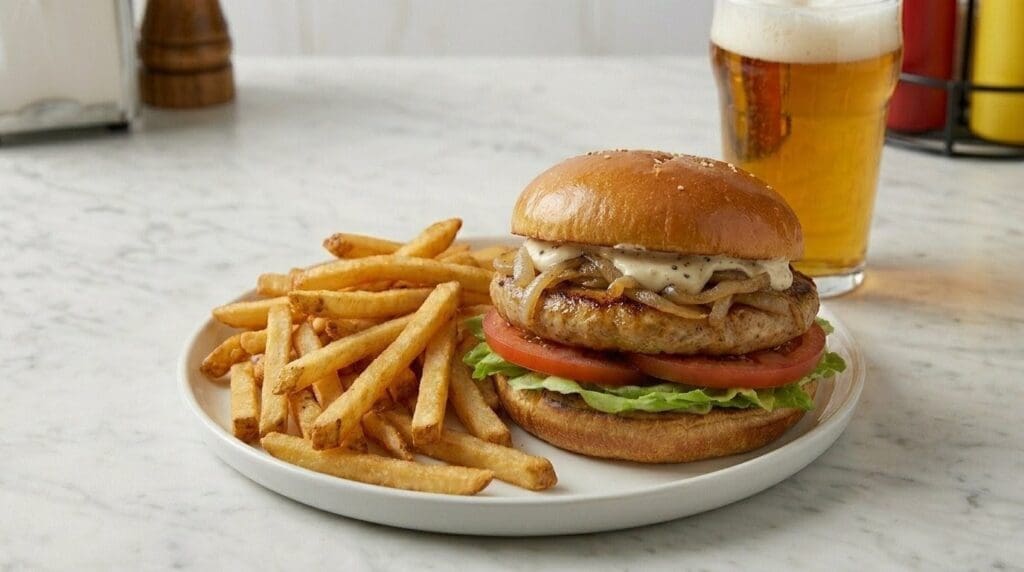 Grilled chicken burger with fries and beer